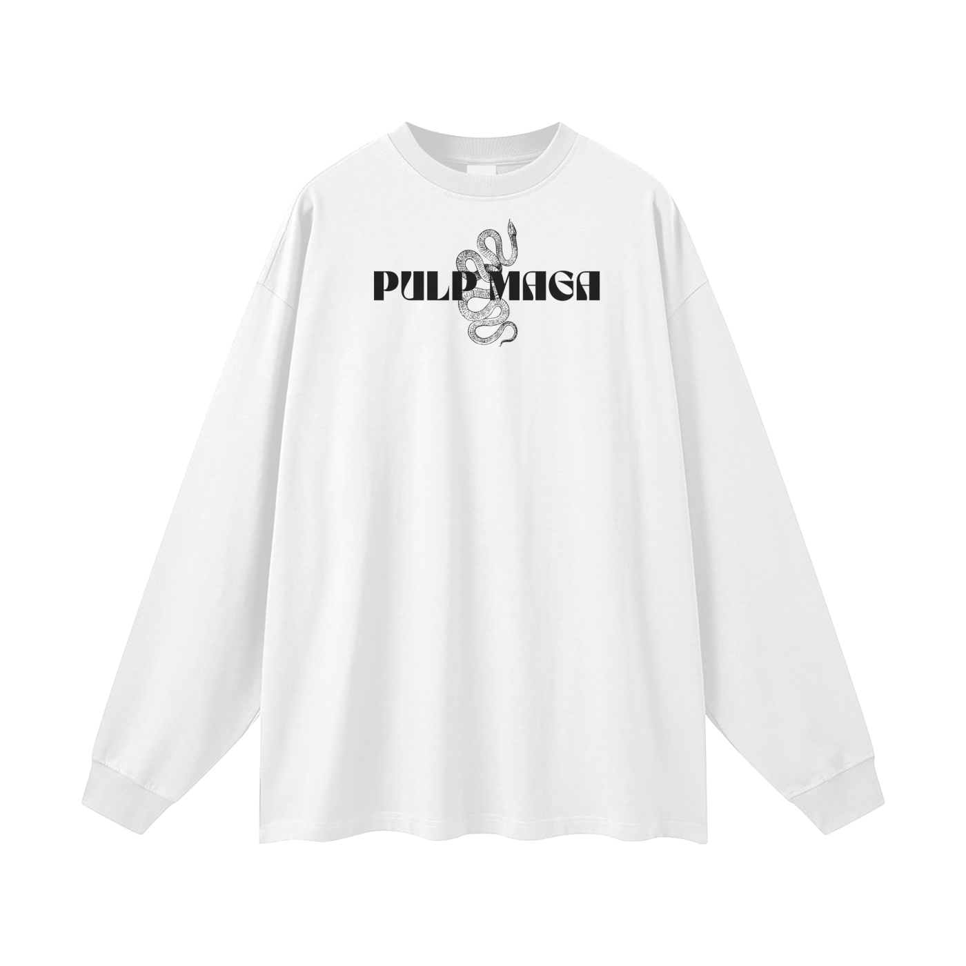 long sleeve white t-shit with pulp maga logo in editorial style