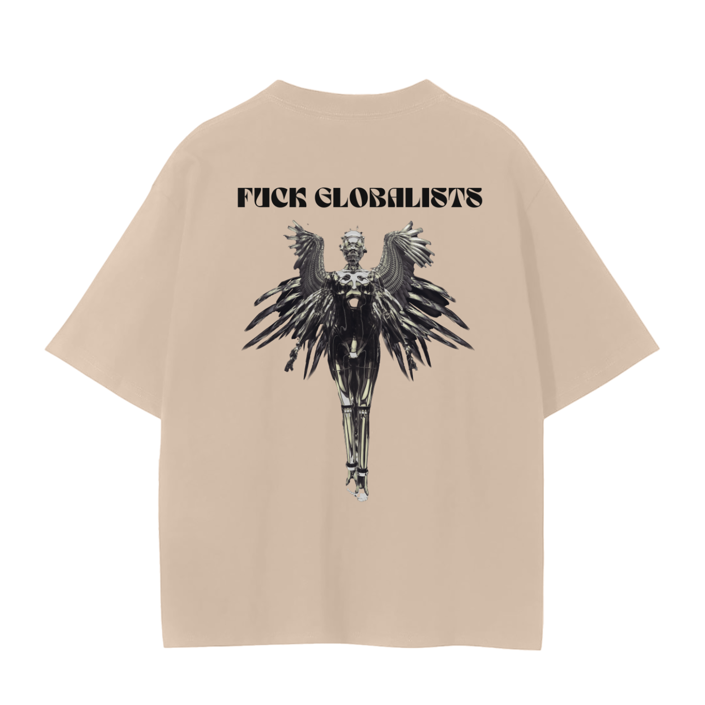 computer guy who is into politics robot angel graphic tee with fuck globalists text in black