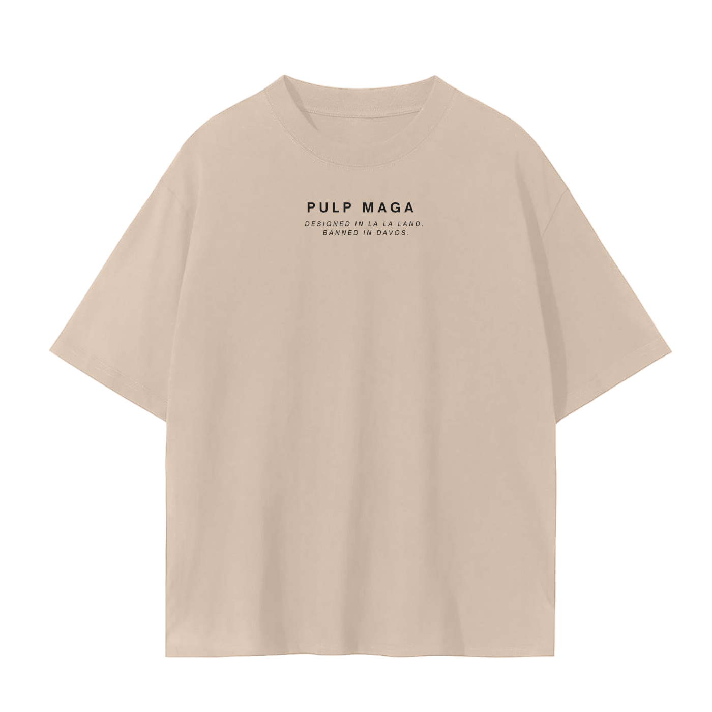 skims style political streetwear with quiet front text on camel shirt