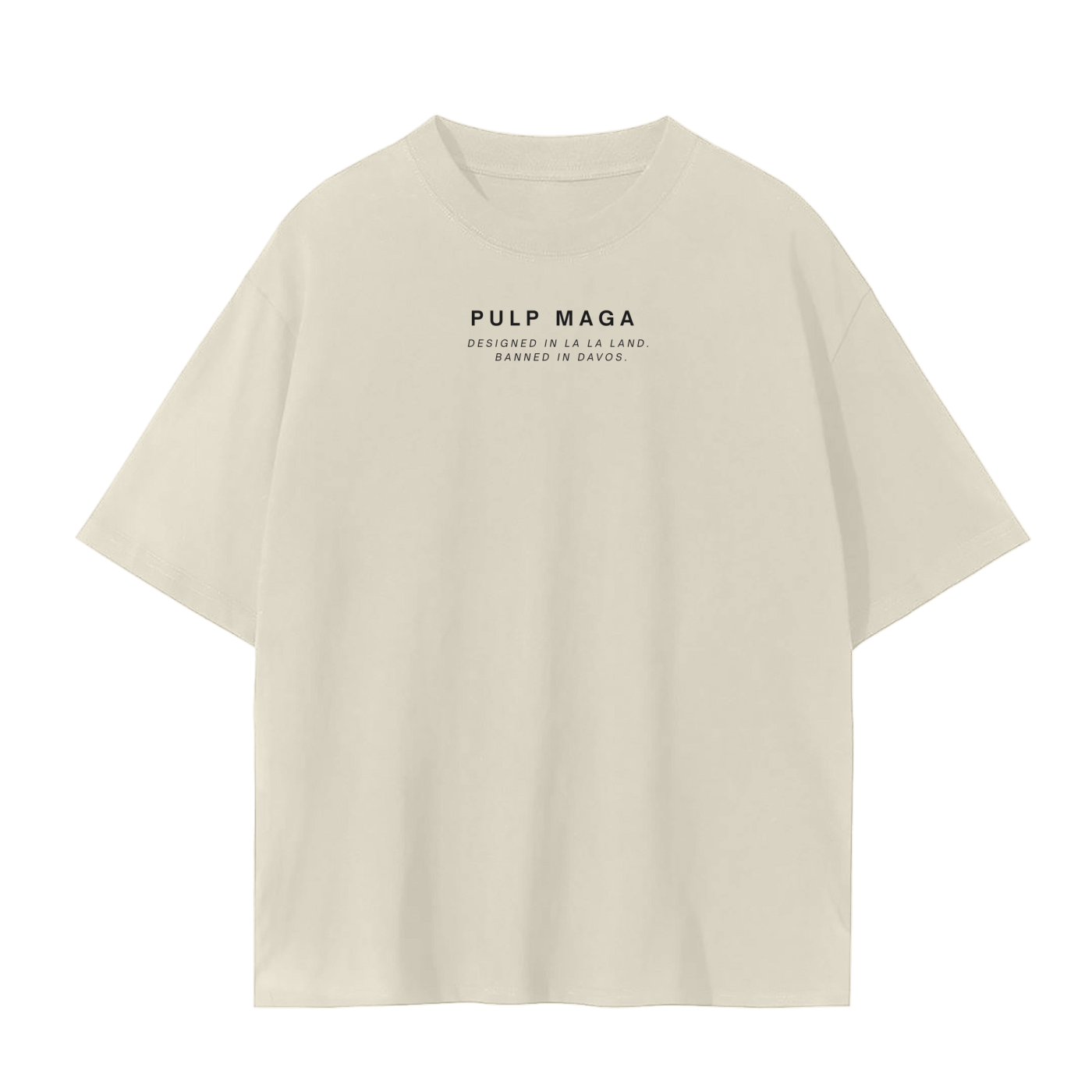 essential maga t-shirt with minimal subdued logo slogan for pulp maga in stone cream and black