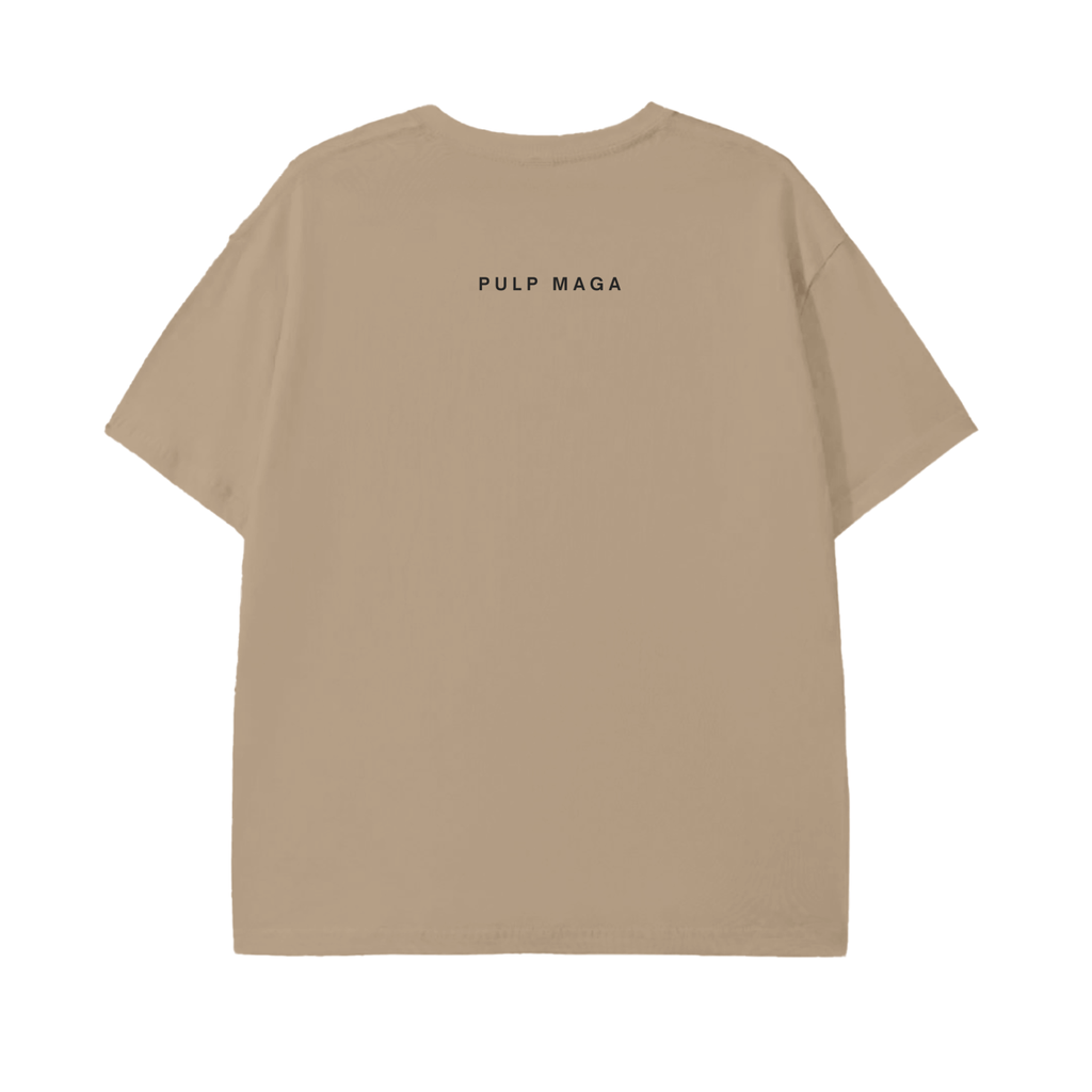 holistic nutrition shirt for republicans with quiet luxury 'pulp maga' in black text on minimal khaki