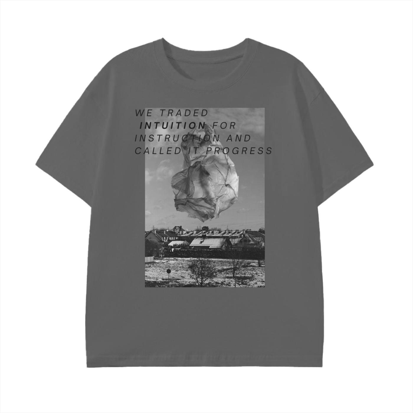 charcoal gray media t-shirt with make america healthy again MAHA quote 'we traded intuition for instruction and called it progress' with fashion aesthetic black and white AI photo graphic 