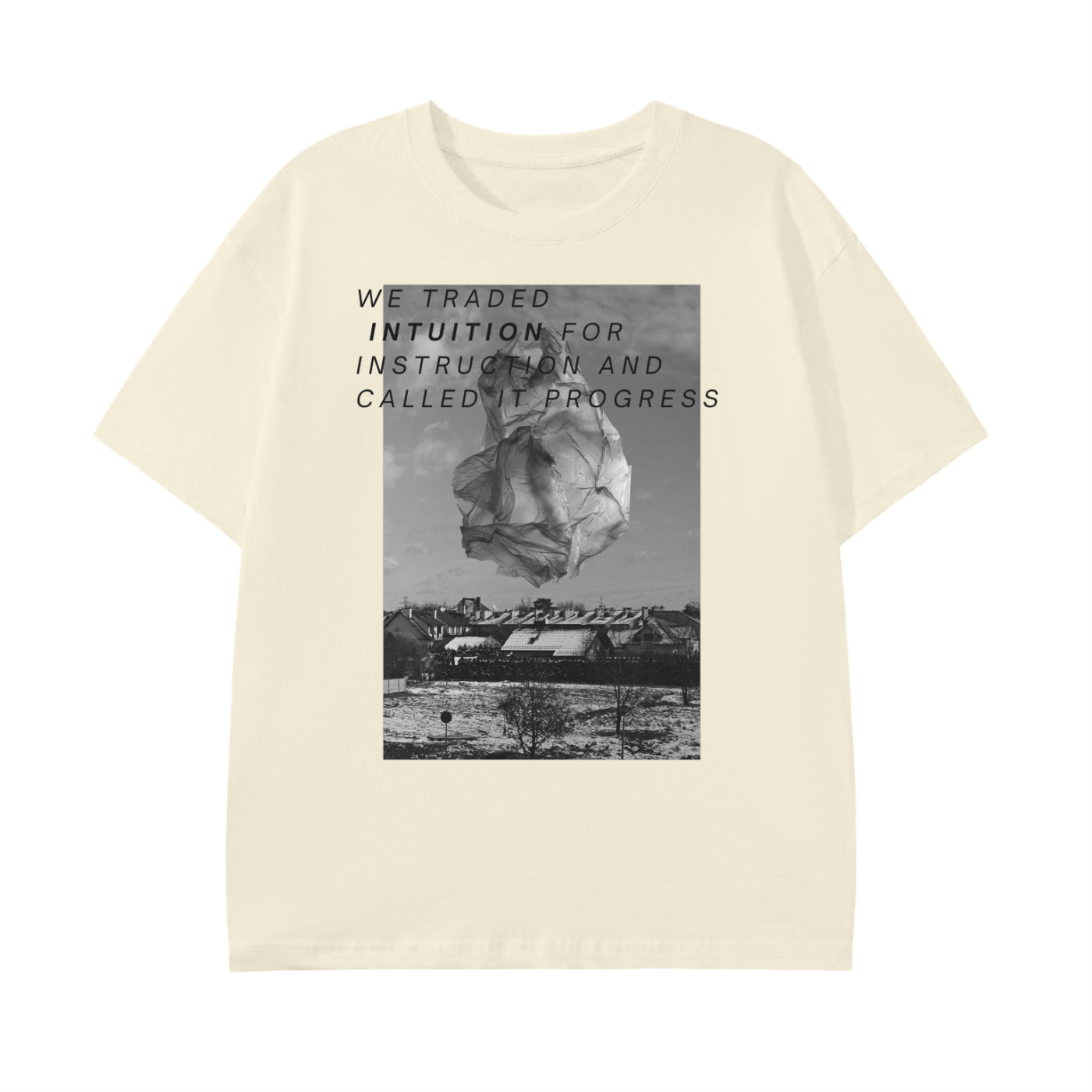 aesthetic holistic wellness t-shirt with surreal photograph art print and pulp maga quote 'we traded intuition for instruction and called it progress' signaling Americas mistrust in the big pharma and doctors