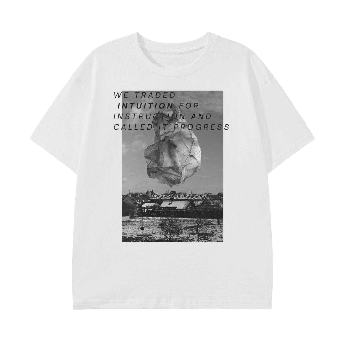 holistic republican surreal art print white t-shirt with dystopian wellness tagline 'we traded intuition for instruction and called it progress' 