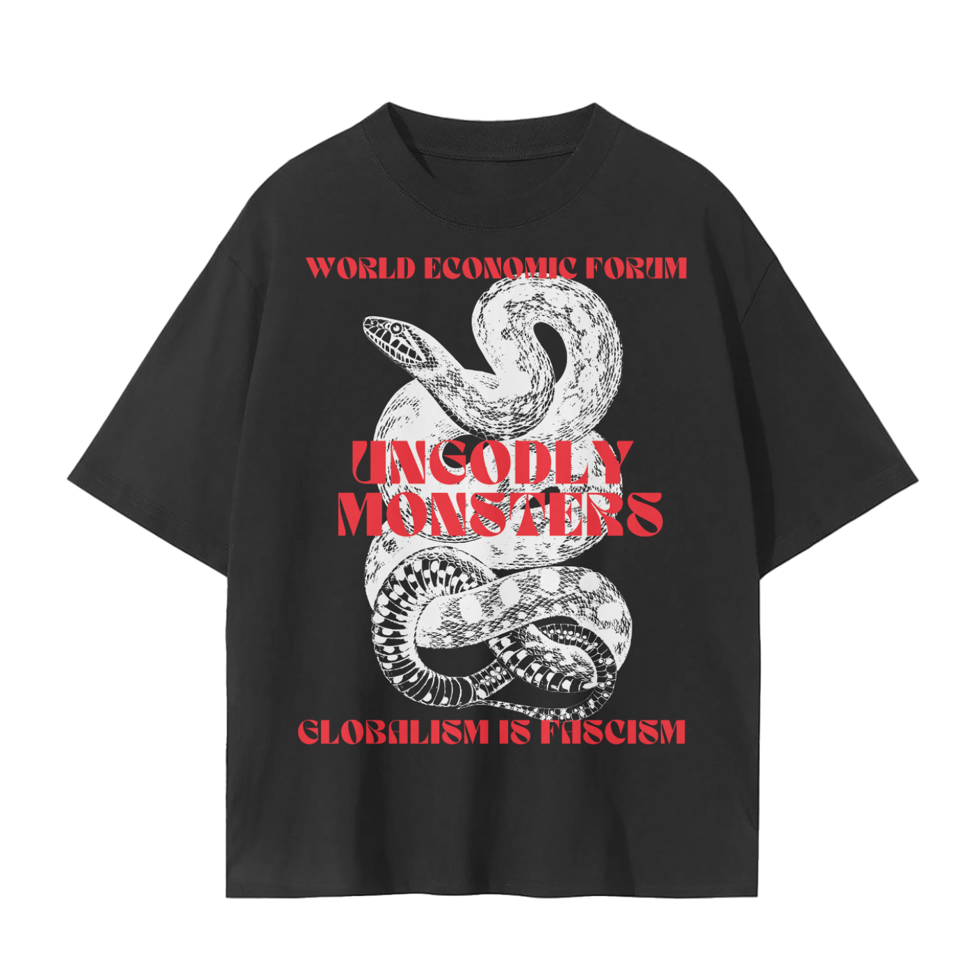 globalism is fascism graphic art tee in black with red text