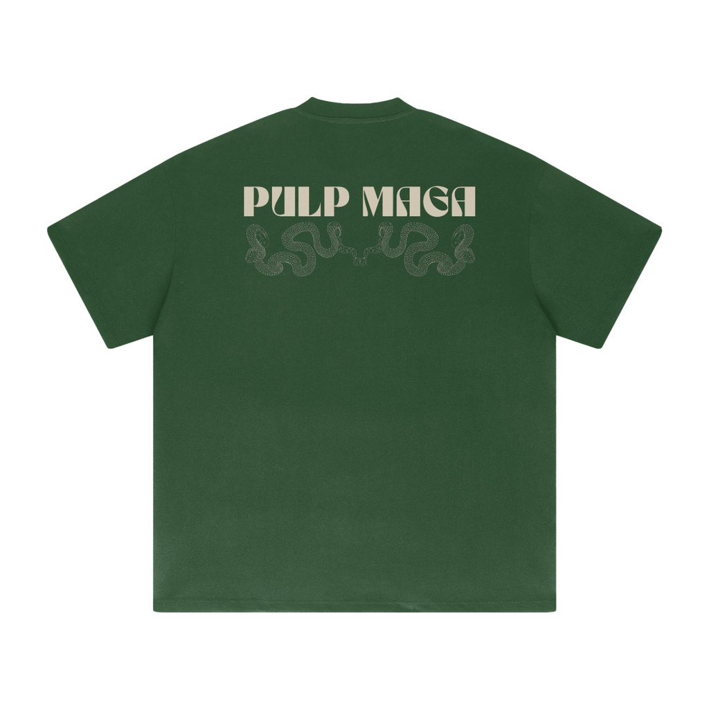 earth tone green t-shirt with pulp maga graphic logo