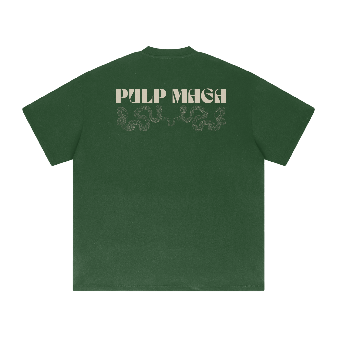earth tone green t-shirt with pulp maga graphic logo