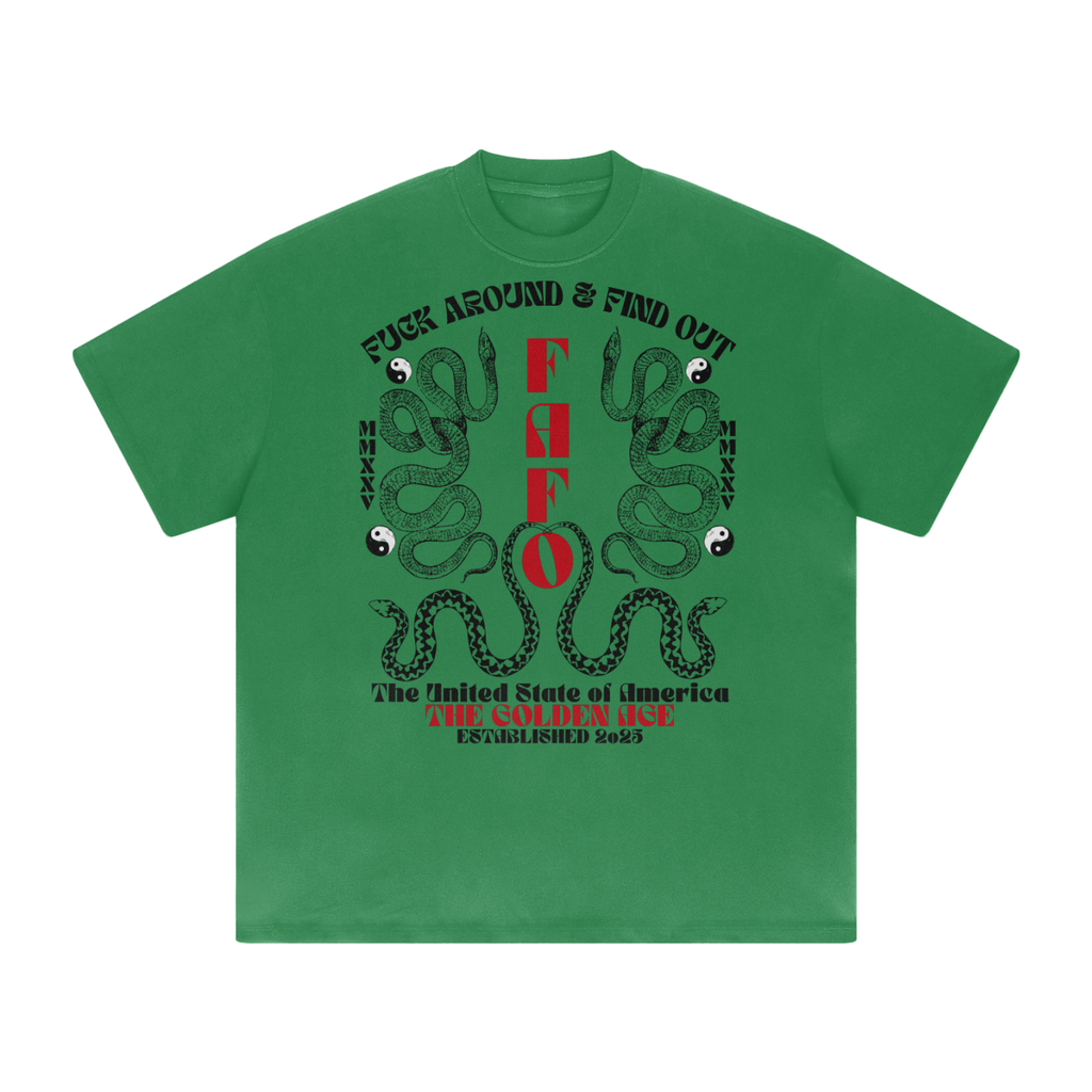 green t-shirt with 'golden age of america' trump text and 'fafo' text in red