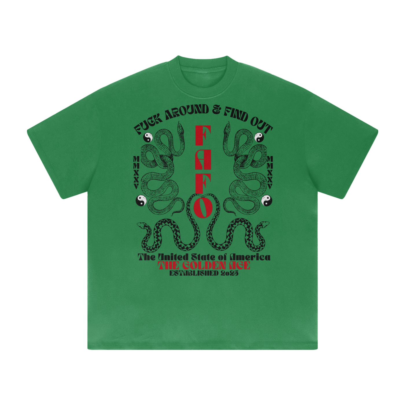 green t-shirt with 'golden age of america' trump text and 'fafo' text in red