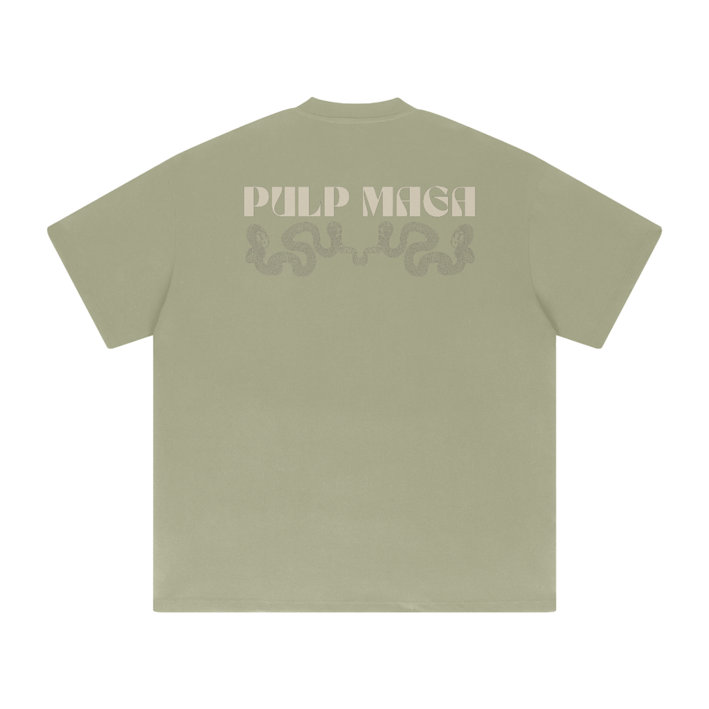 light green streetwear t-shirt with pulp maga snake logo in cream text
