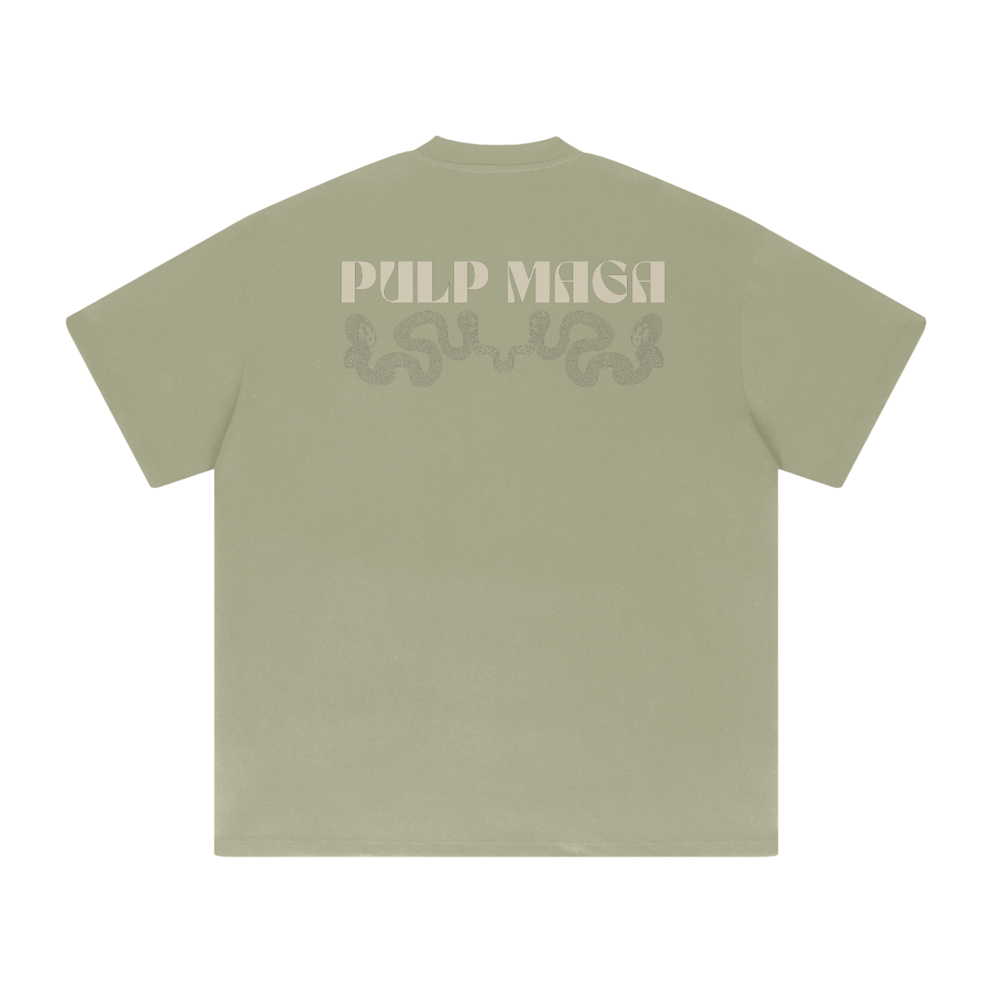 light green streetwear t-shirt with pulp maga snake logo in cream text