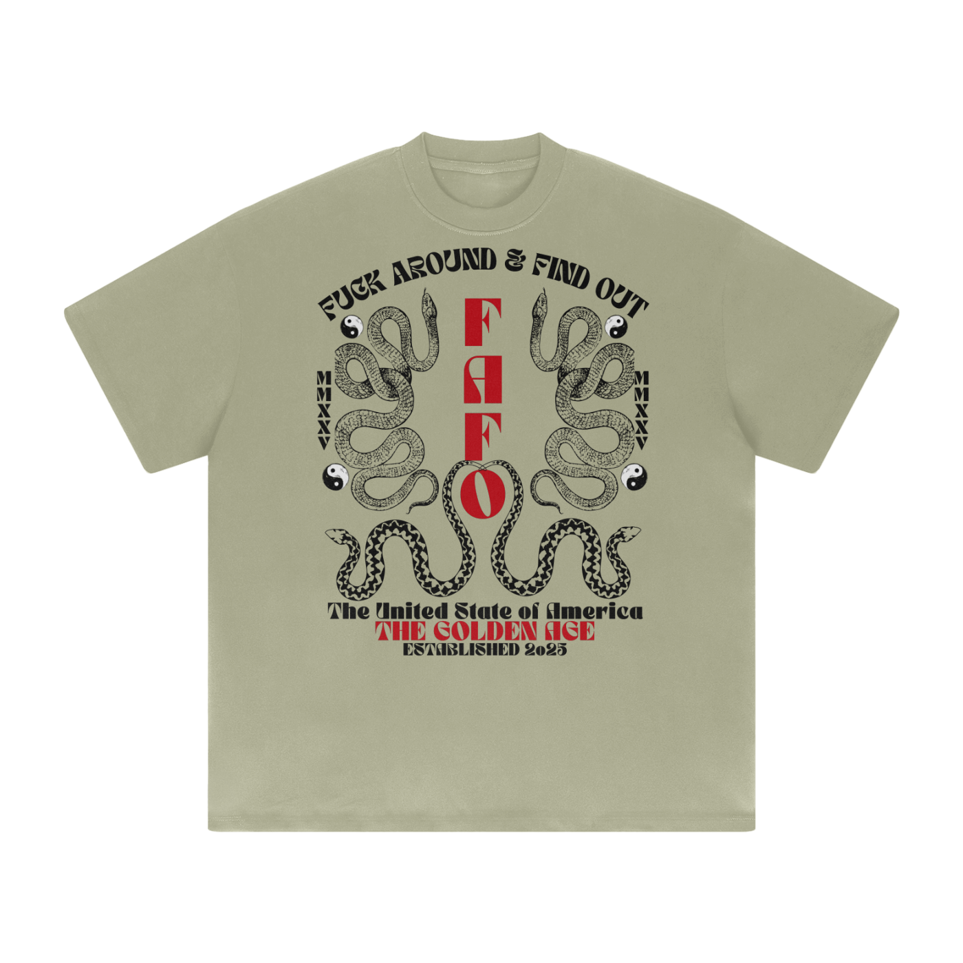 light green streetwear shirt with 'fuck around and find out' text and graphic