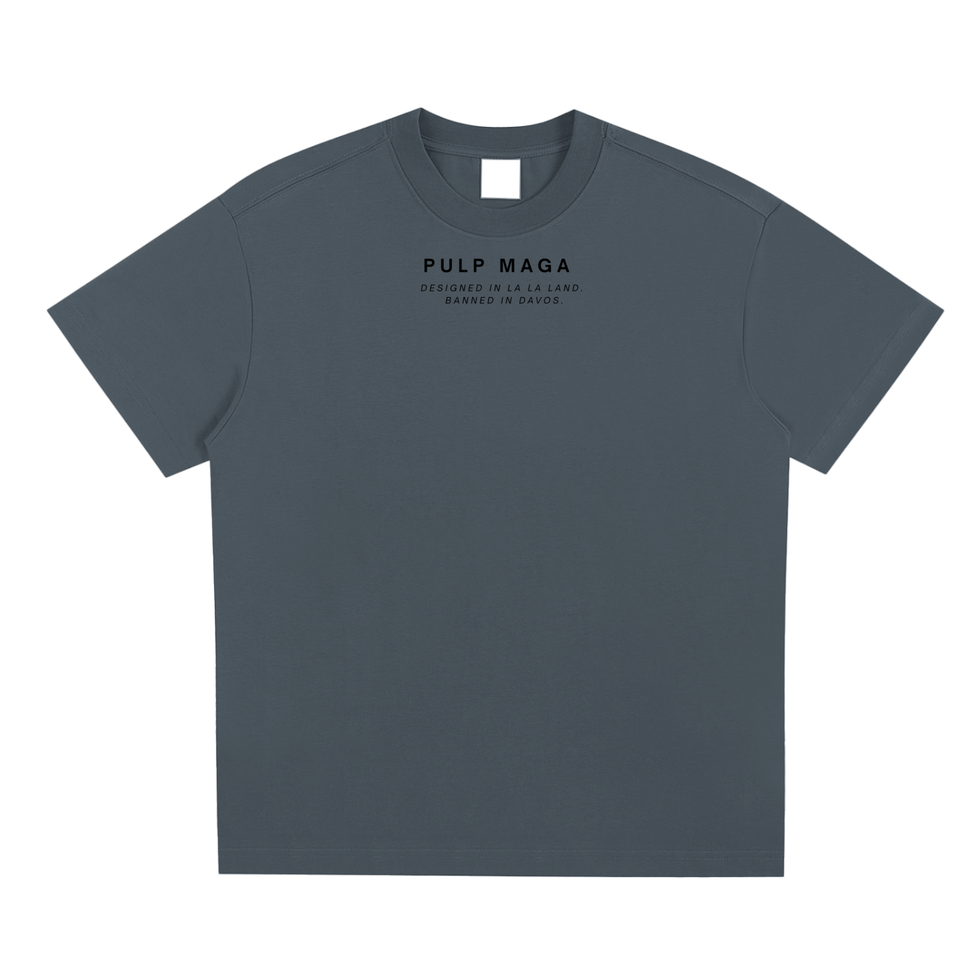 dark gray quiet luxury shirt with quiet pulp maga logo