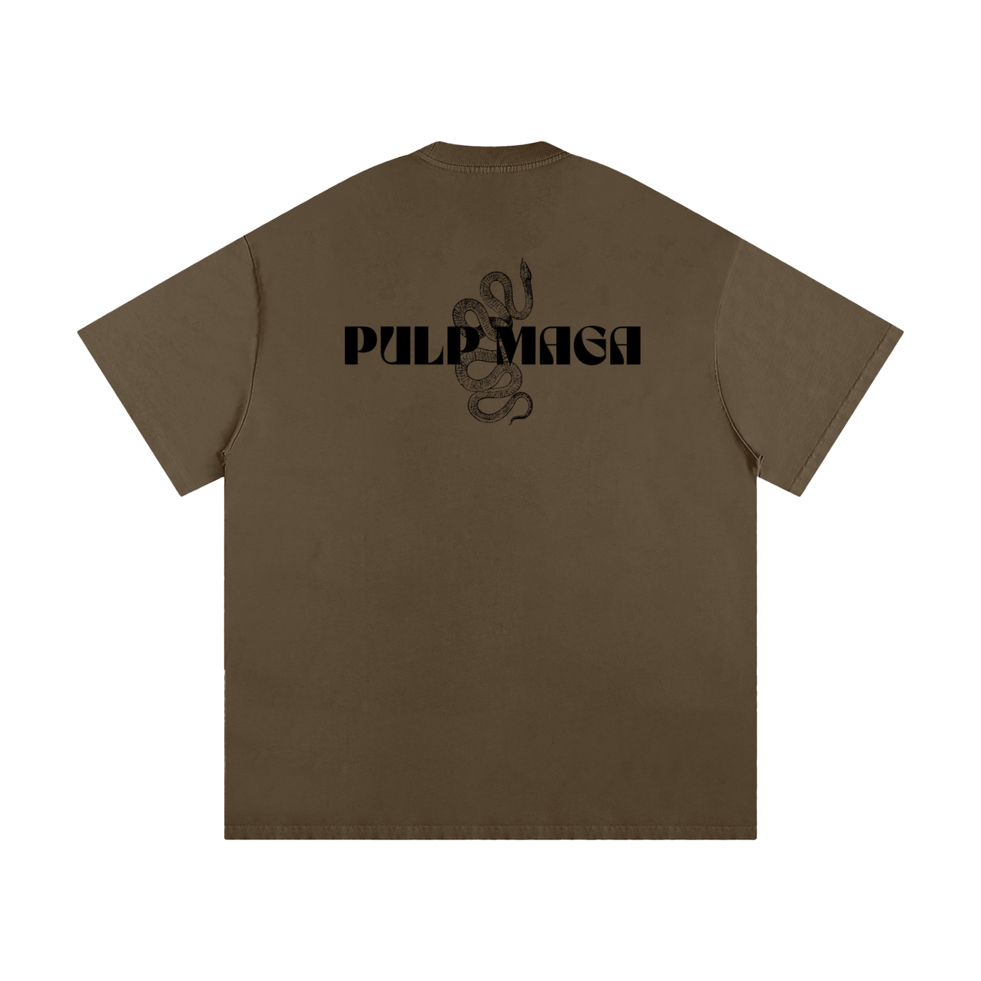 Brown t-shirt with 'Pulp Maga' logo on the back on premium cotton