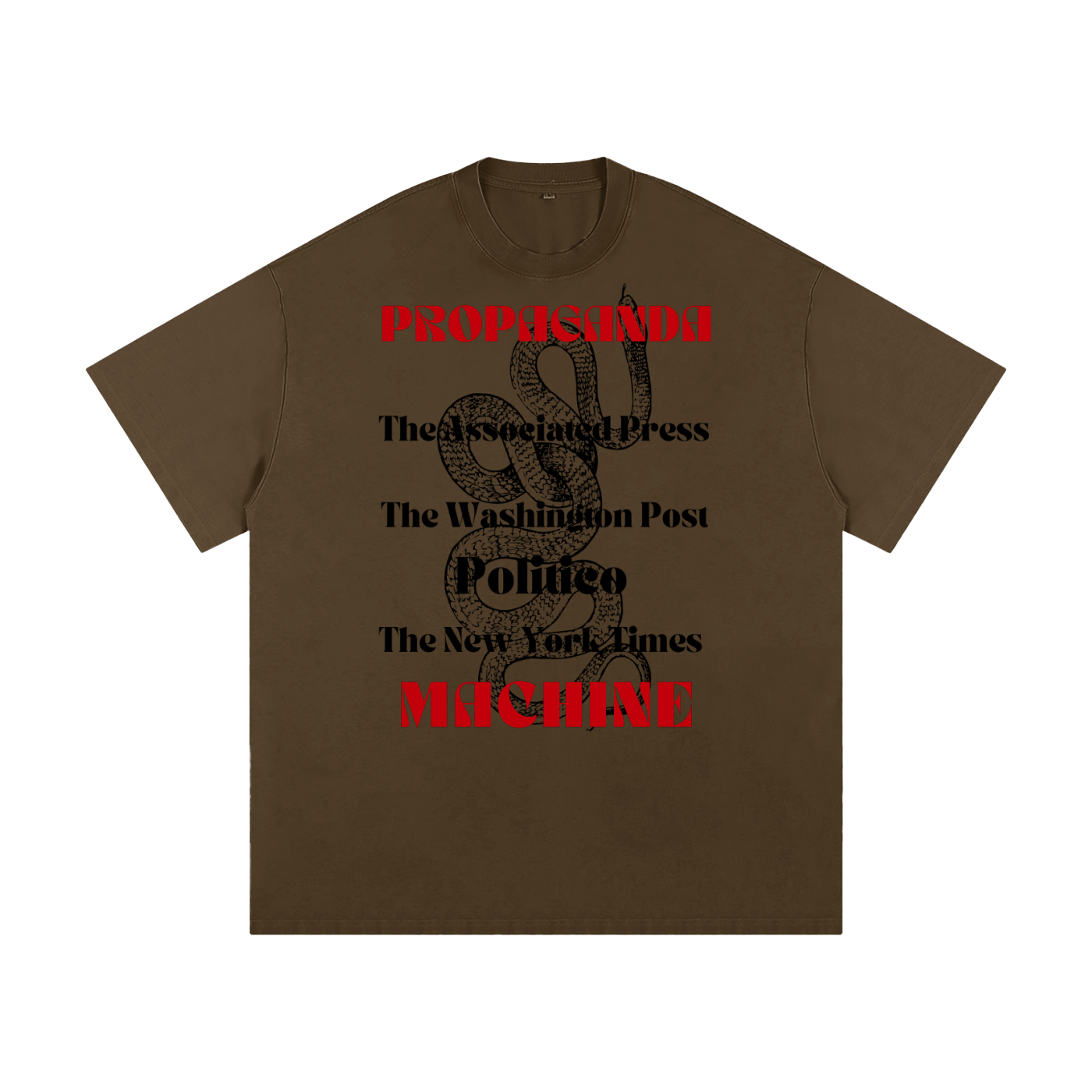 brown quiet luxury maga shirt with fake news propaganda text