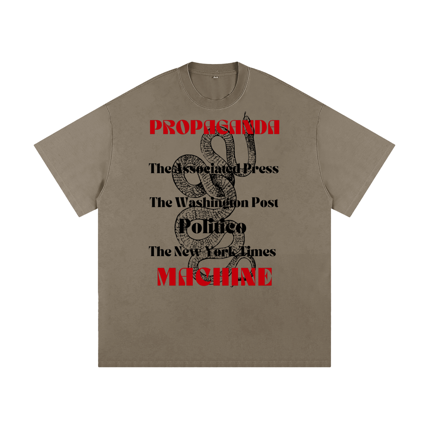 brown premium maga shirt with fake news media outlets text and bold snake graphic