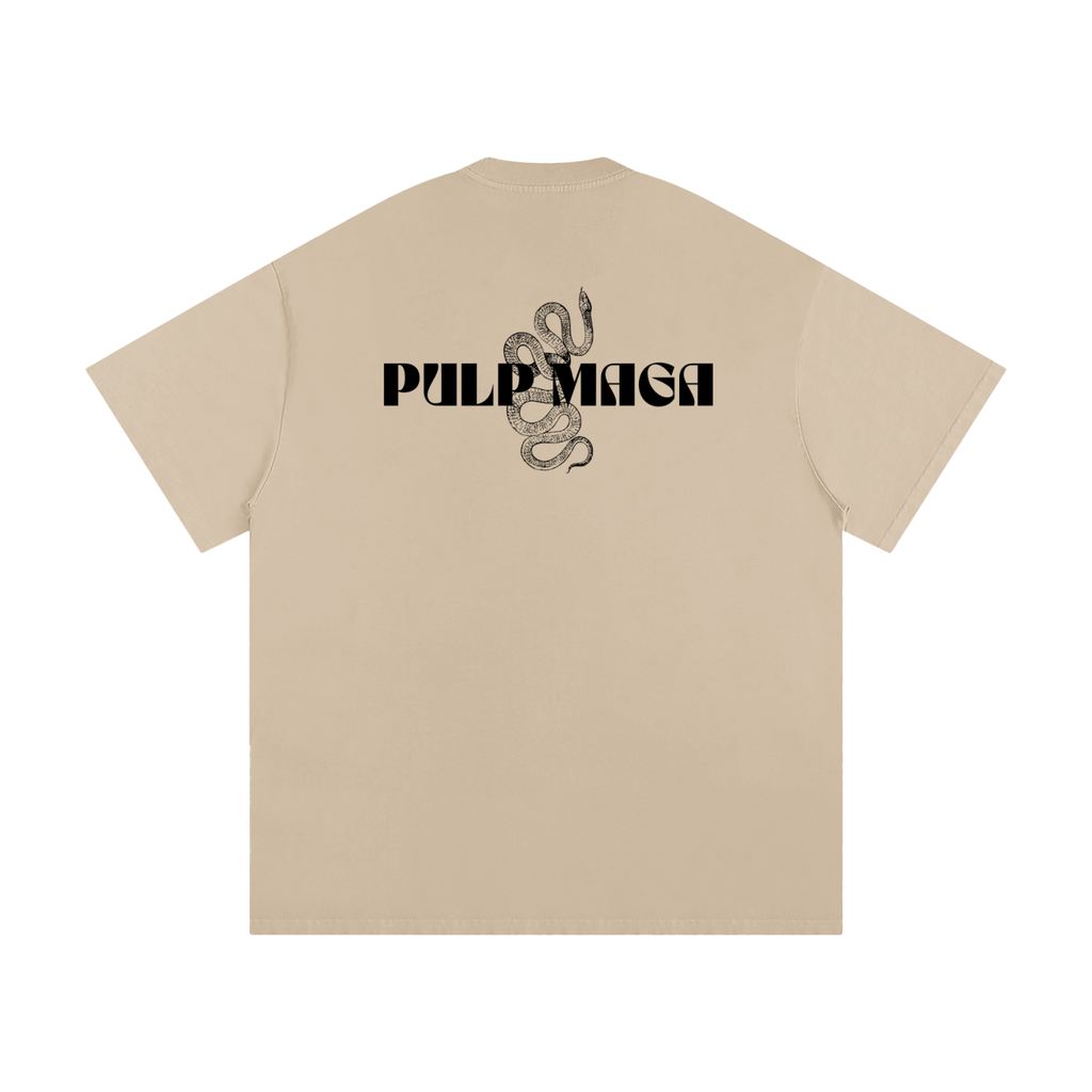 Beige t-shirt with 'Pulp Maga' text and snake design on a white background