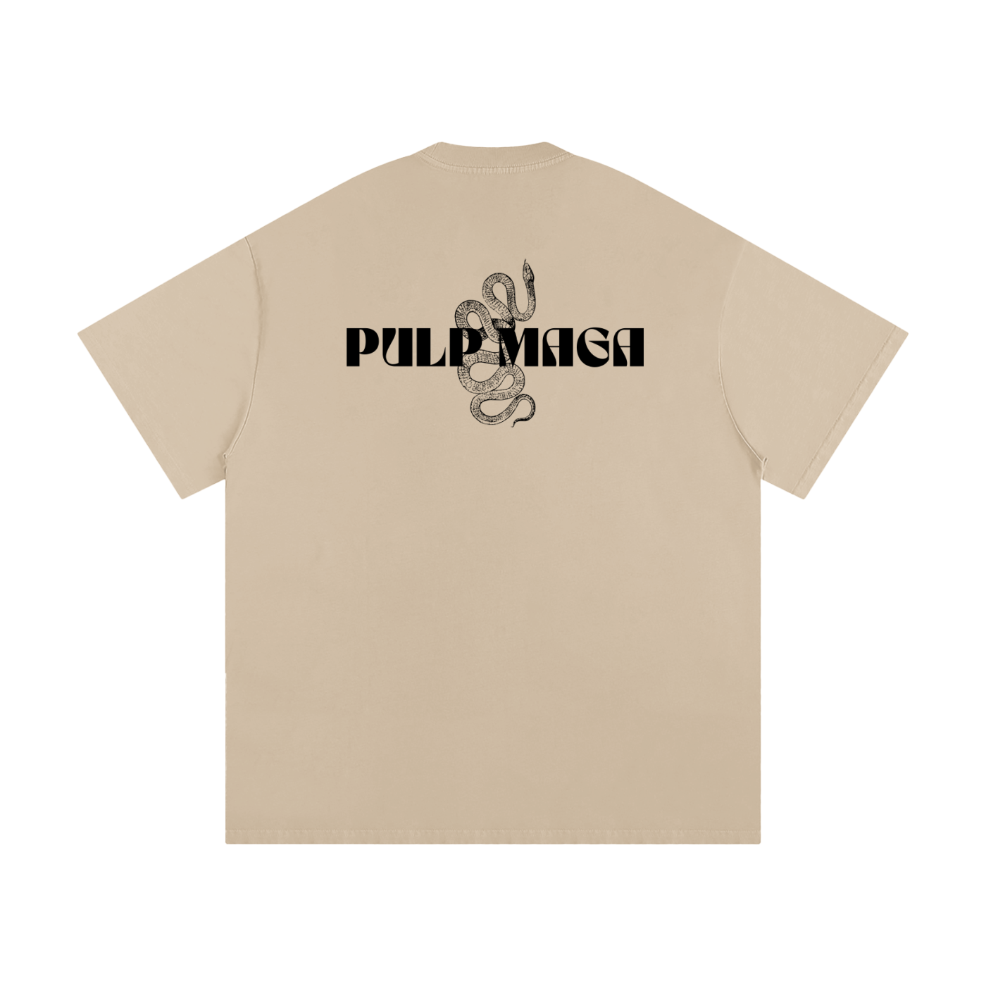 Beige t-shirt with 'Pulp Maga' text and snake design on a white background