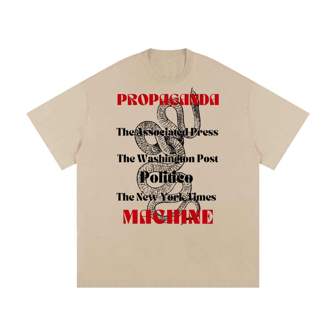 Beige t-shirt with graphic design and fake news text on a white background