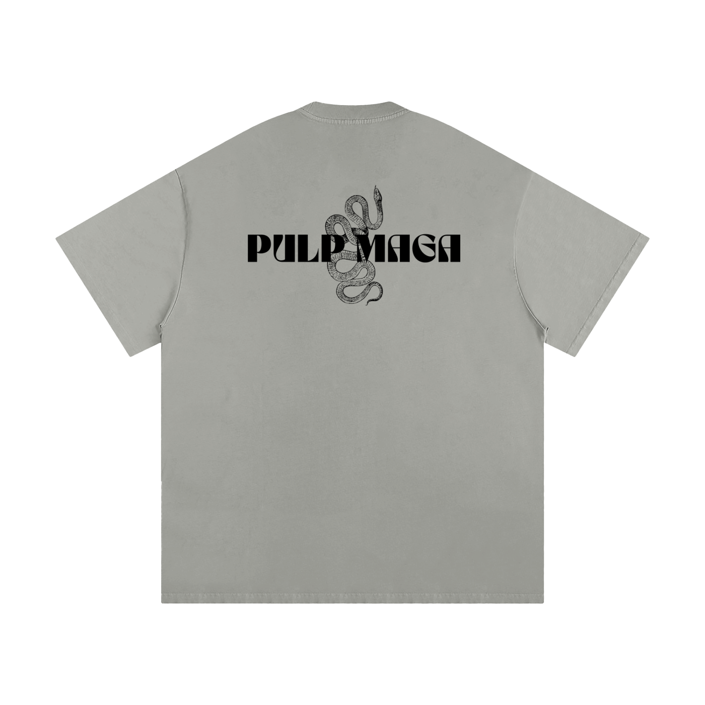 premium heavyweight Gray t-shirt with 'Pulp Maga' logo on the back 