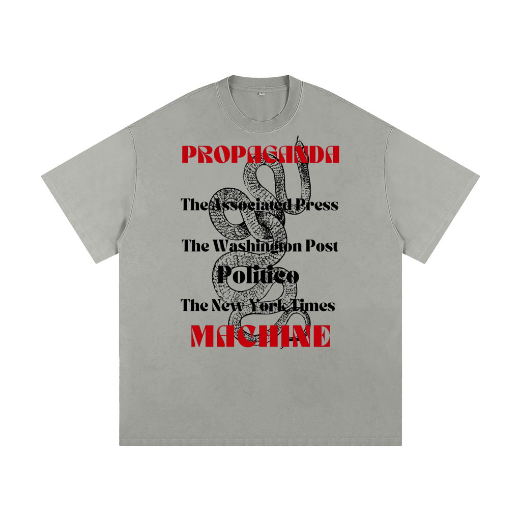 Gray t-shirt with graphic design and propaganda machine text 