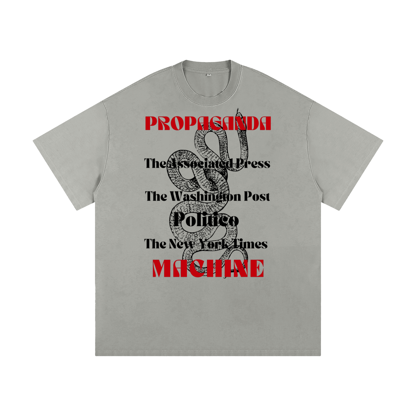 Gray t-shirt with graphic design and propaganda machine text 