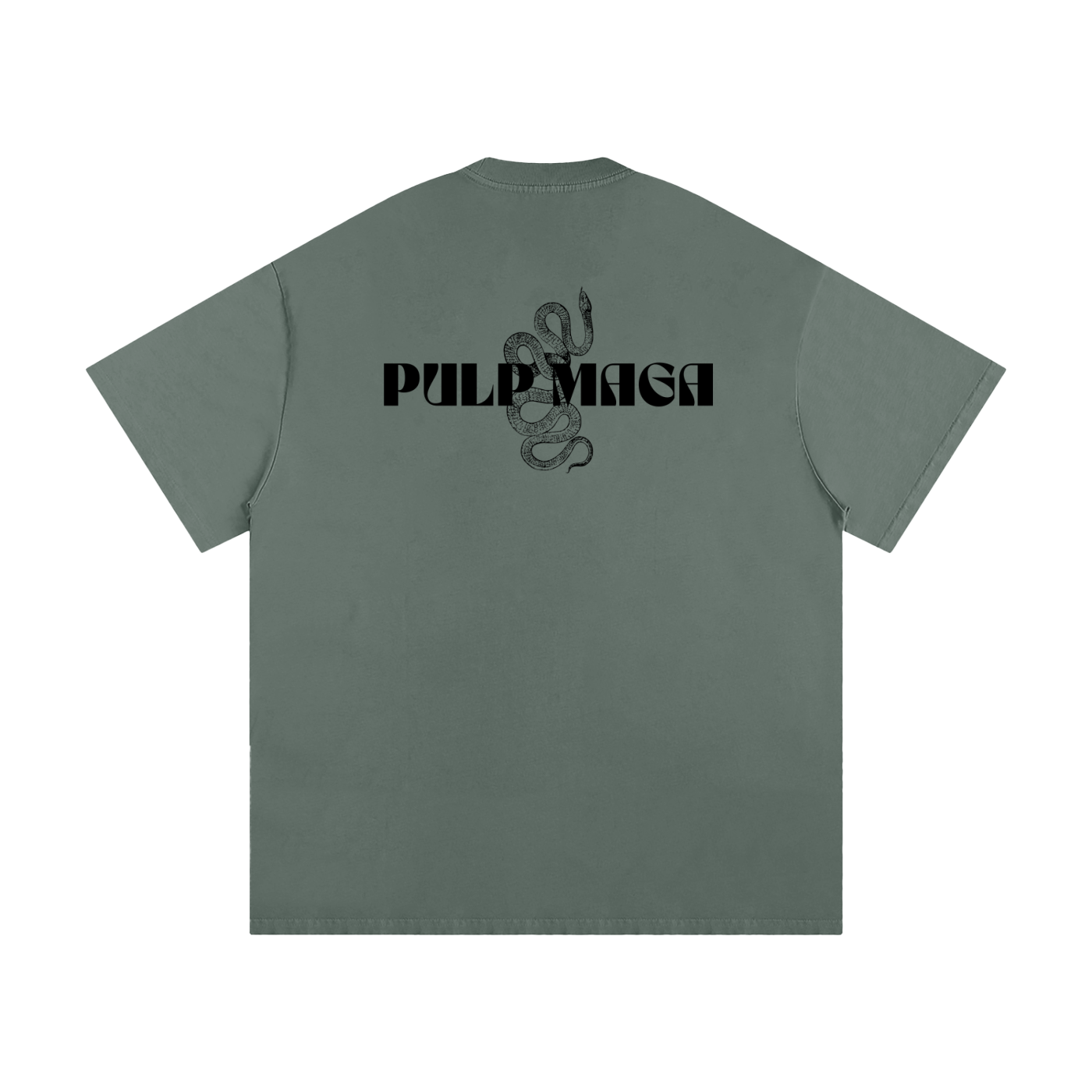 Green t-shirt with 'Pulp Maga' text and snake graphic on a white background