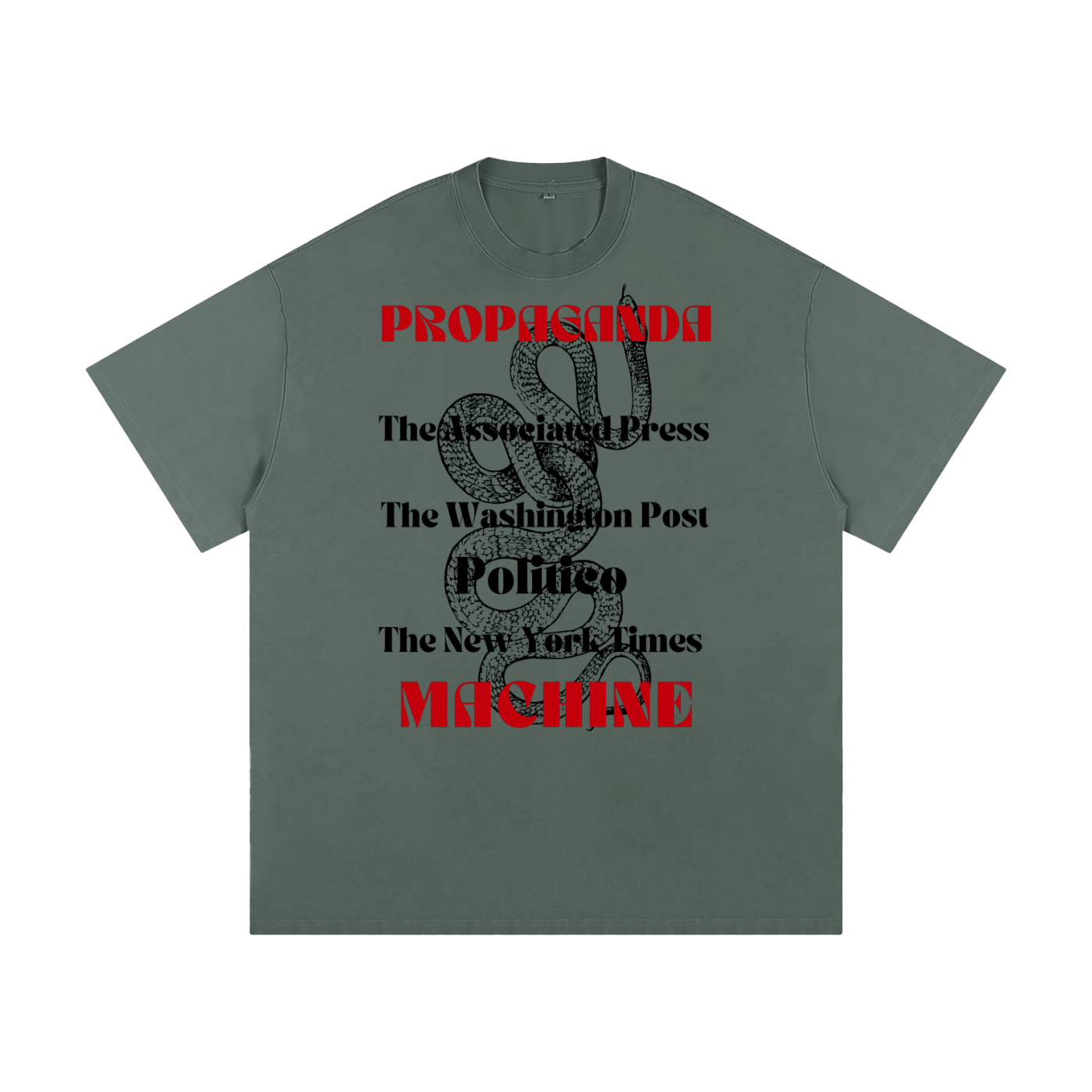 premium maga green t-shirt with fake news text 'propaganda machine' and graphic print