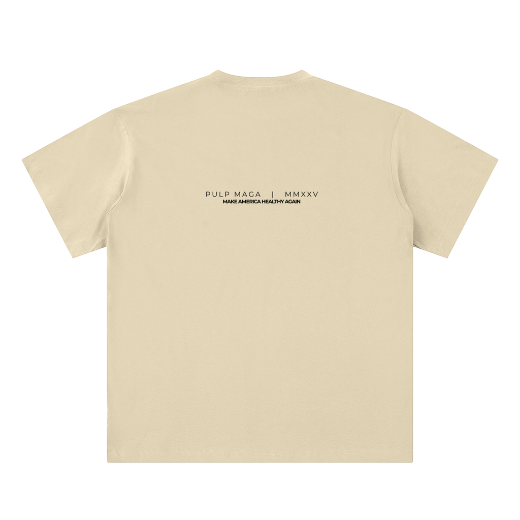 health freedom t-shirt back view in apricot featuring PULP MAGA wordmark with MMXXV detail on sueded cotton