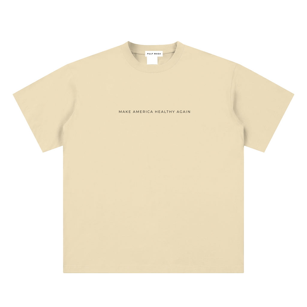 health freedom t-shirt front view in apricot with Make America Healthy Again text on sueded cotton tee