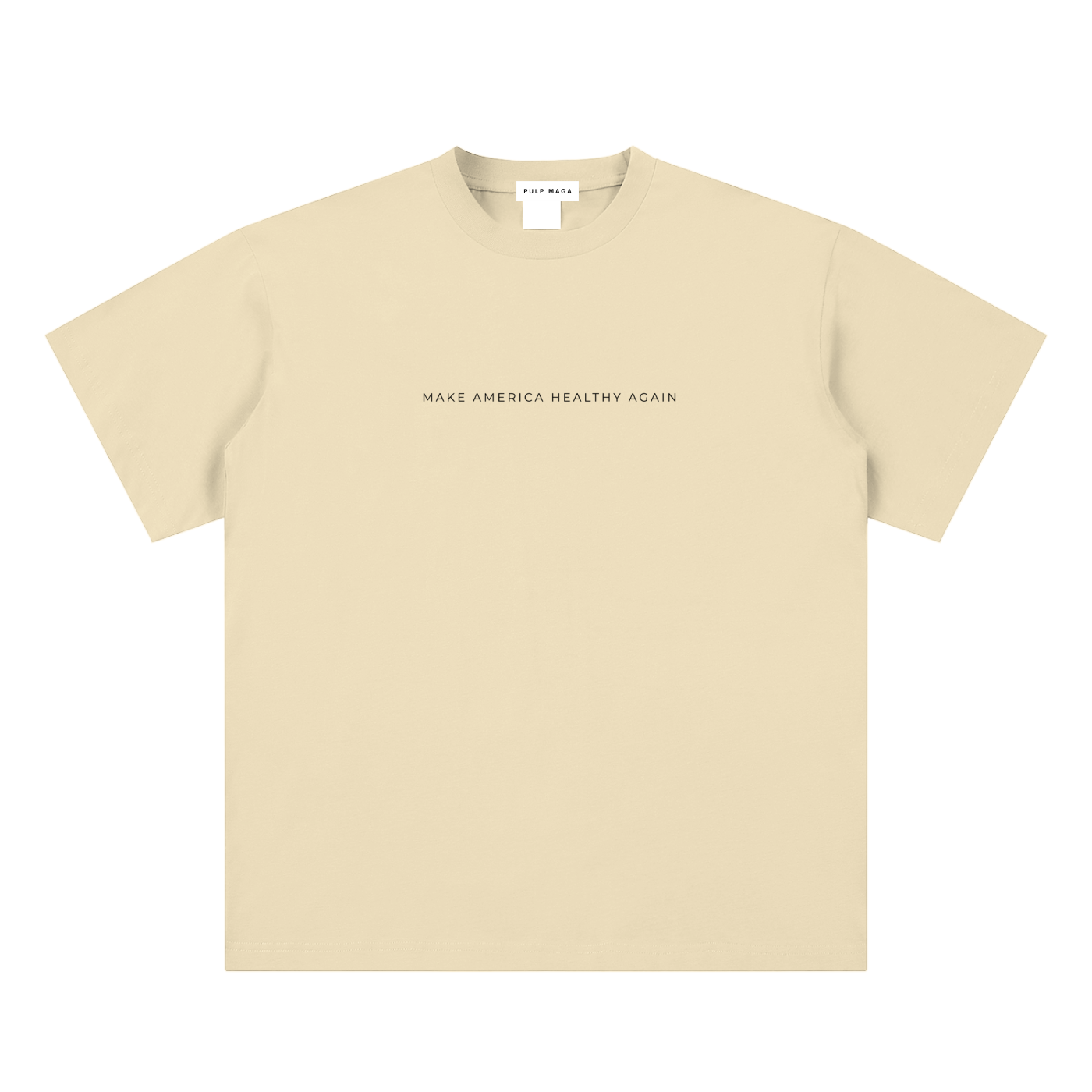 health freedom t-shirt front view in apricot with Make America Healthy Again text on sueded cotton tee