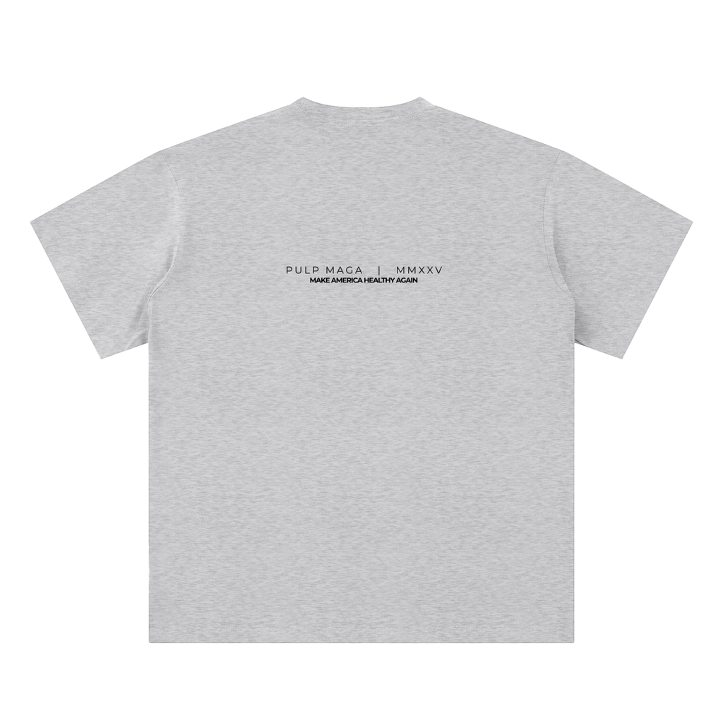 health freedom t-shirt back view in flower gray featuring PULP MAGA wordmark with MMXXV detail on sueded cotton