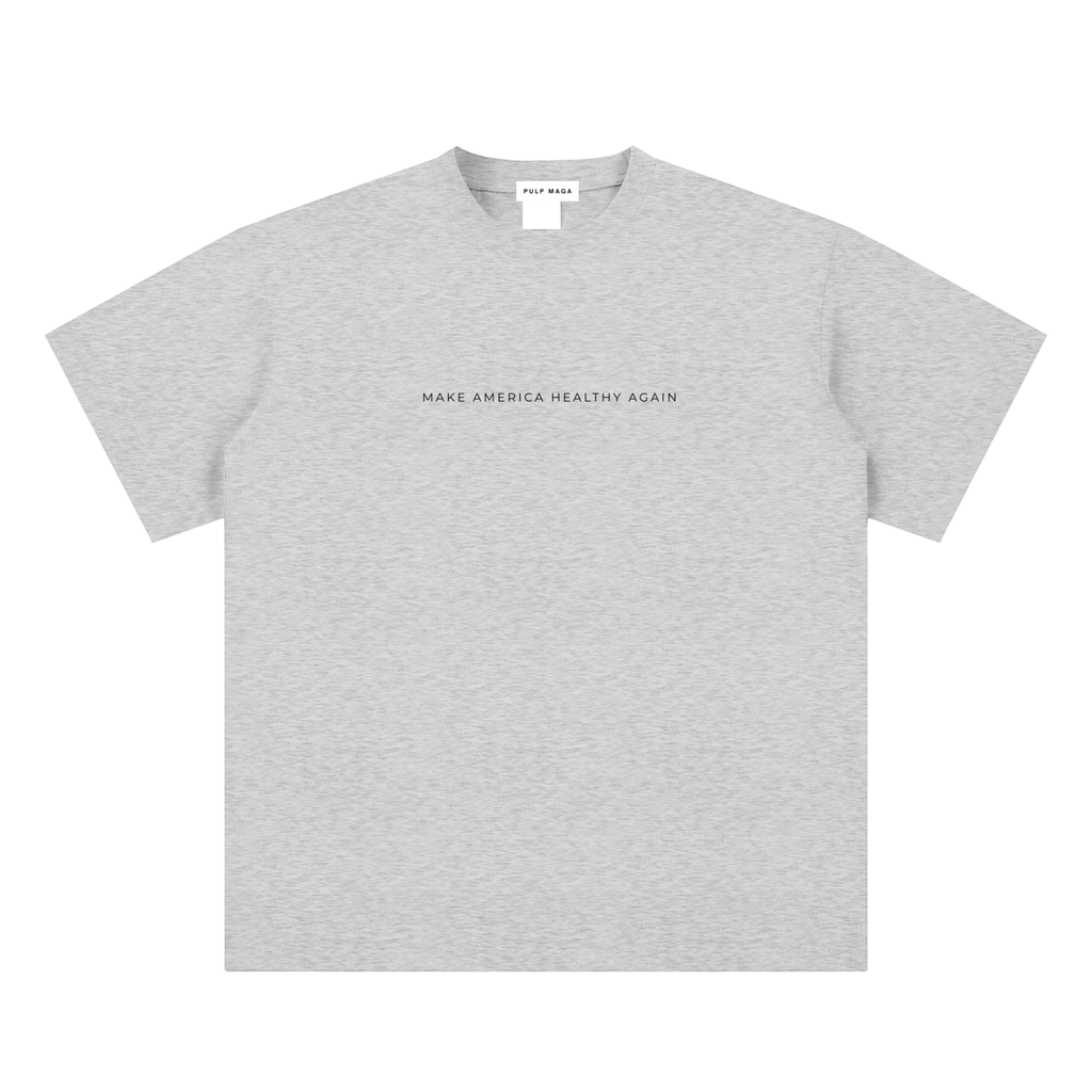 health freedom t-shirt front view in flower gray with Make America Healthy Again text on sueded cotton tee
