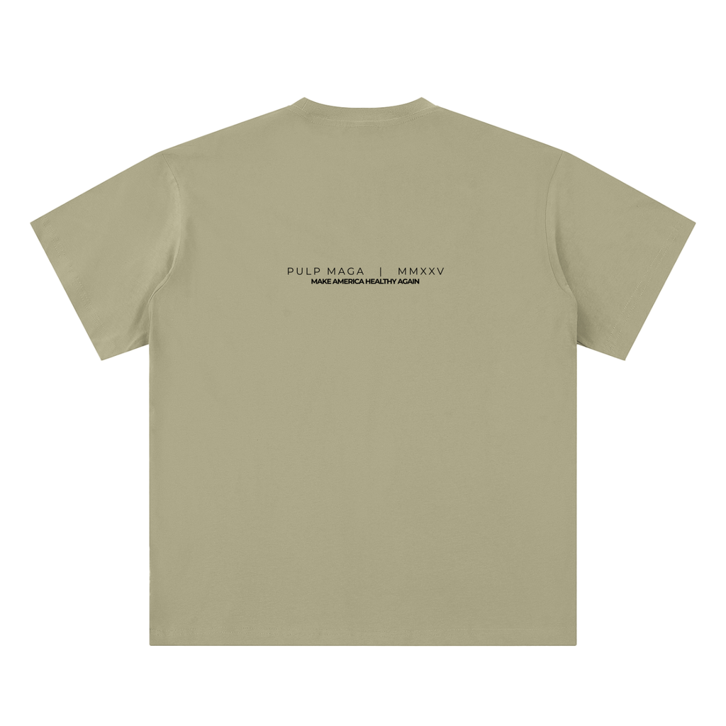health freedom t-shirt back view in gray coffee featuring PULP MAGA wordmark with MMXXV detail on sueded cotton