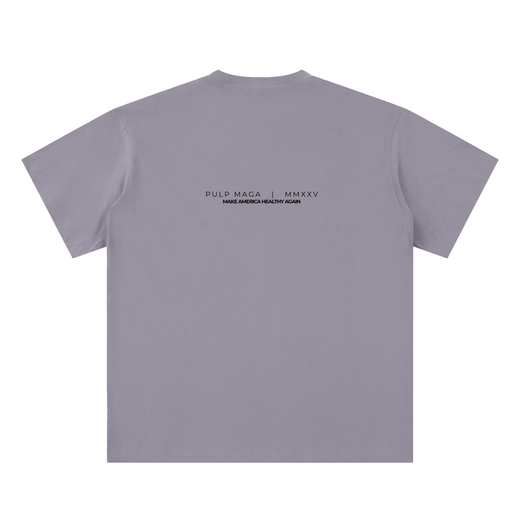 health freedom t-shirt back view in gray purple featuring PULP MAGA wordmark with MMXXV detail on sueded cotton