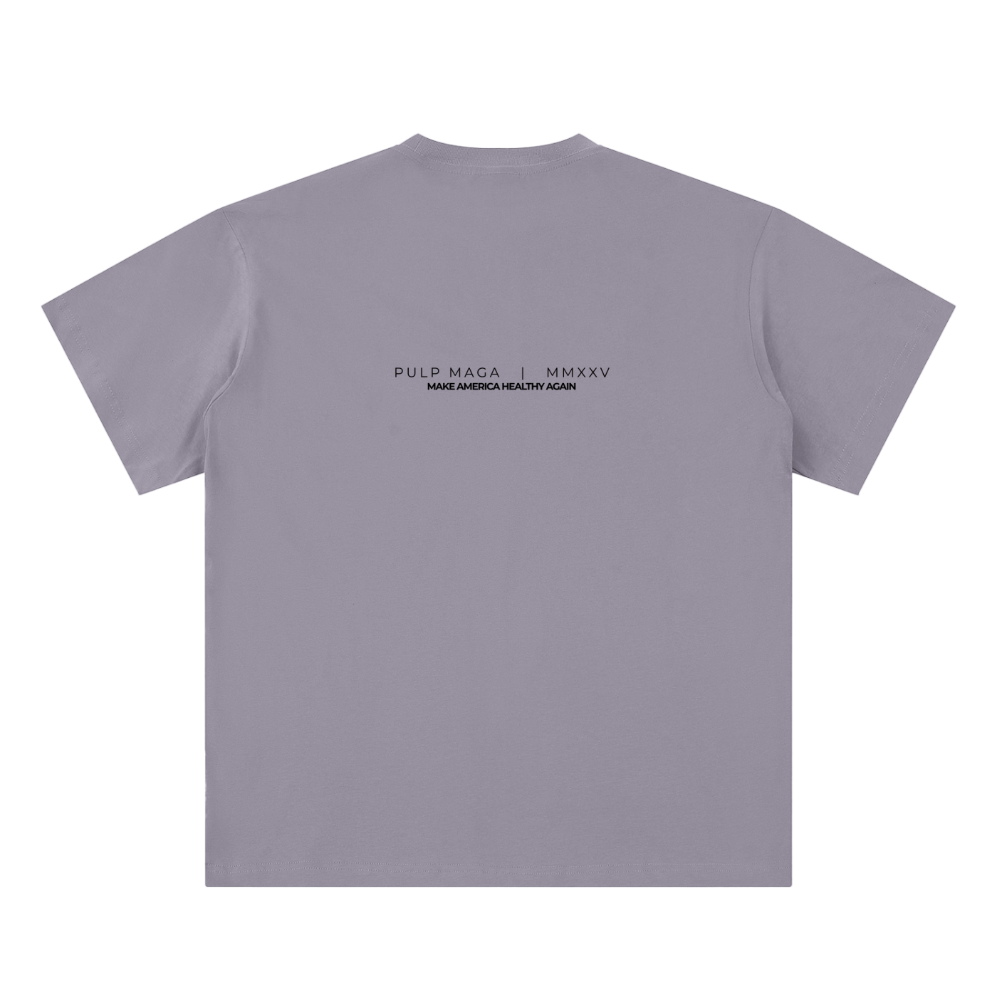 health freedom t-shirt back view in gray purple featuring PULP MAGA wordmark with MMXXV detail on sueded cotton