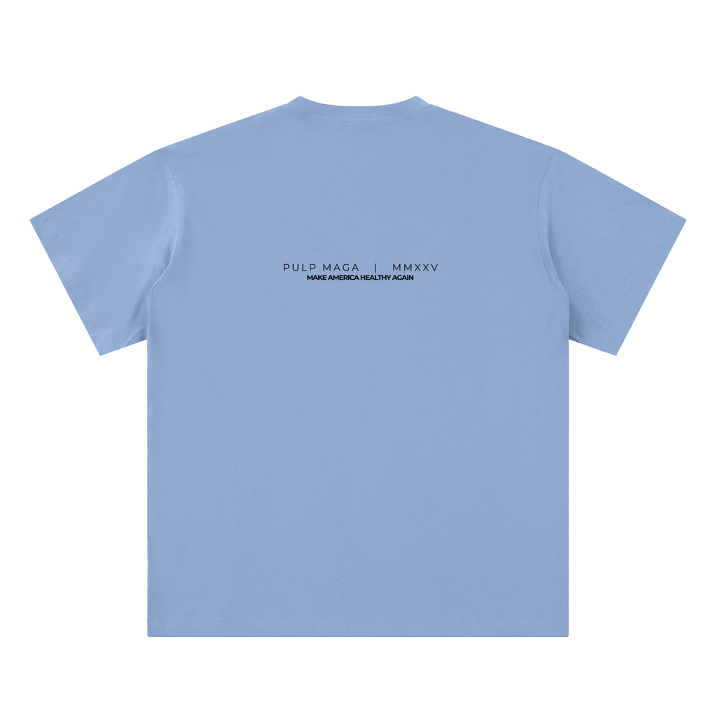 health freedom t-shirt back view in light blue featuring PULP MAGA wordmark with MMXXV detail on sueded cotton
