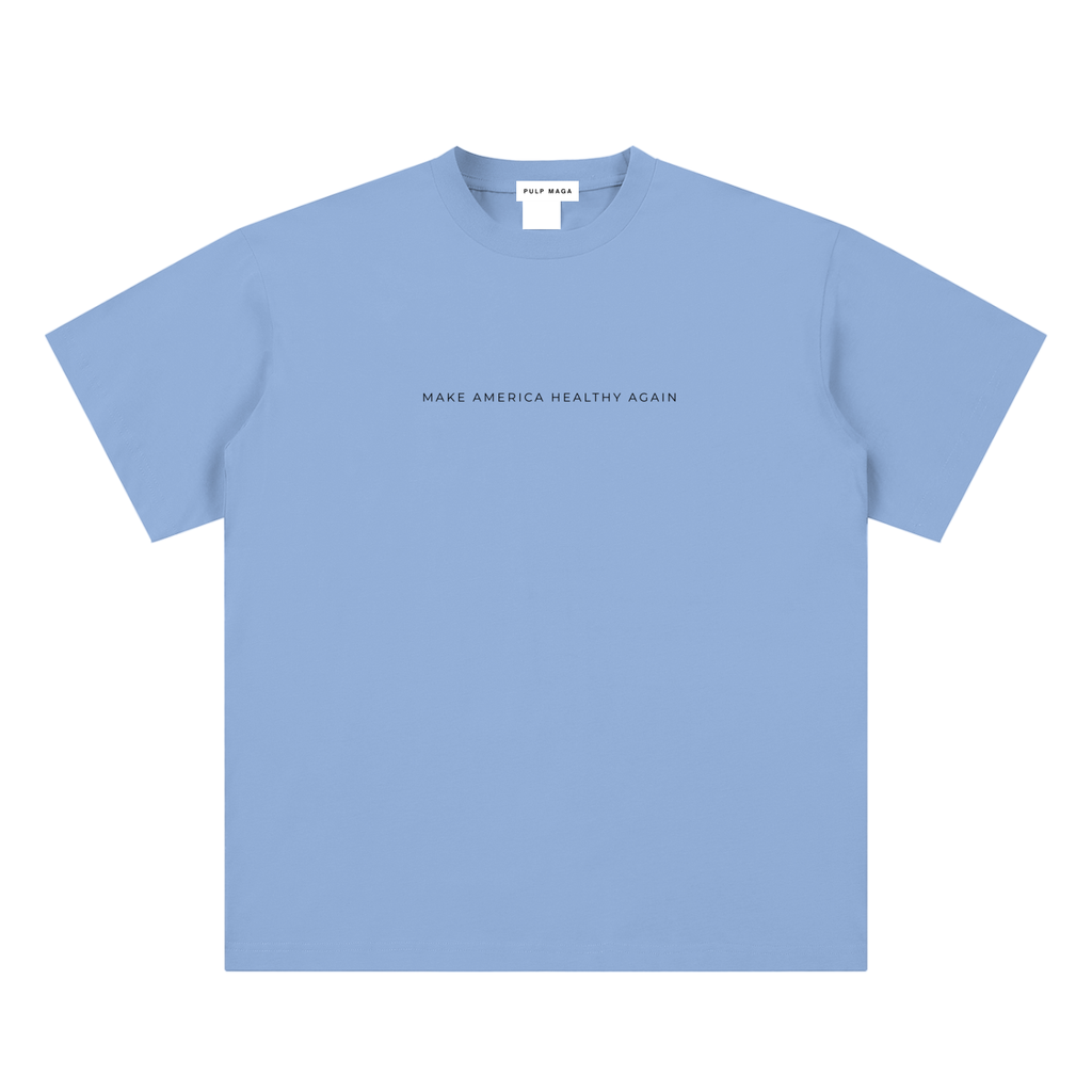 health freedom t-shirt front view in light blue with Make America Healthy Again text on sueded cotton tee