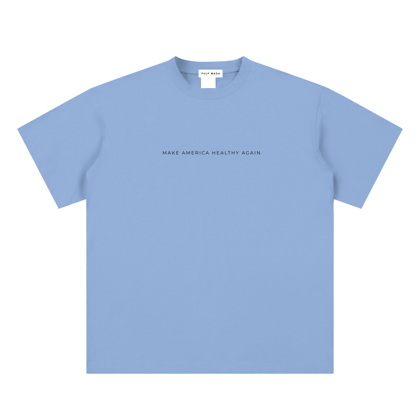 health freedom t-shirt front view in light blue with Make America Healthy Again text on sueded cotton tee