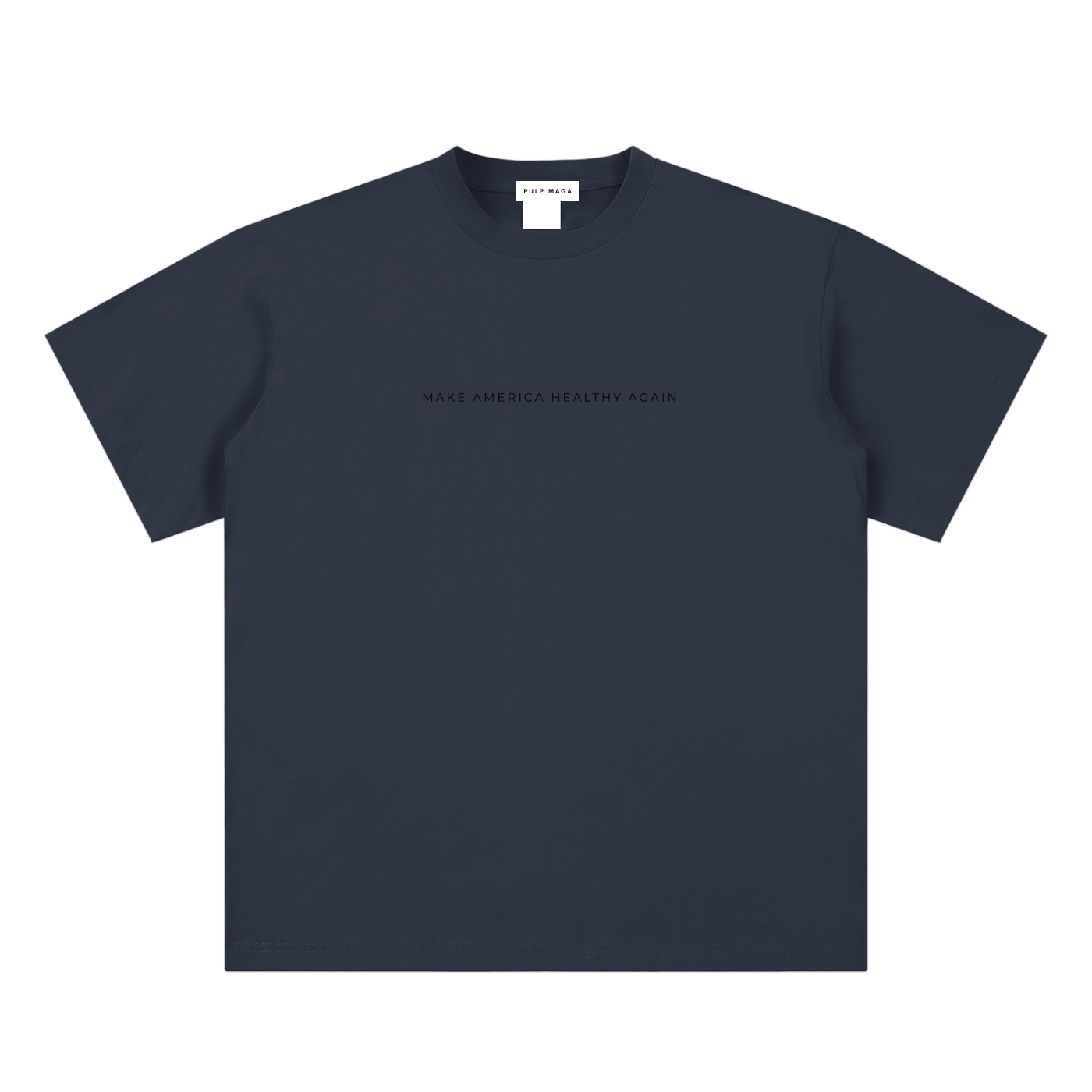 health freedom t-shirt front view in navy blue with Make America Healthy Again text on sueded cotton tee