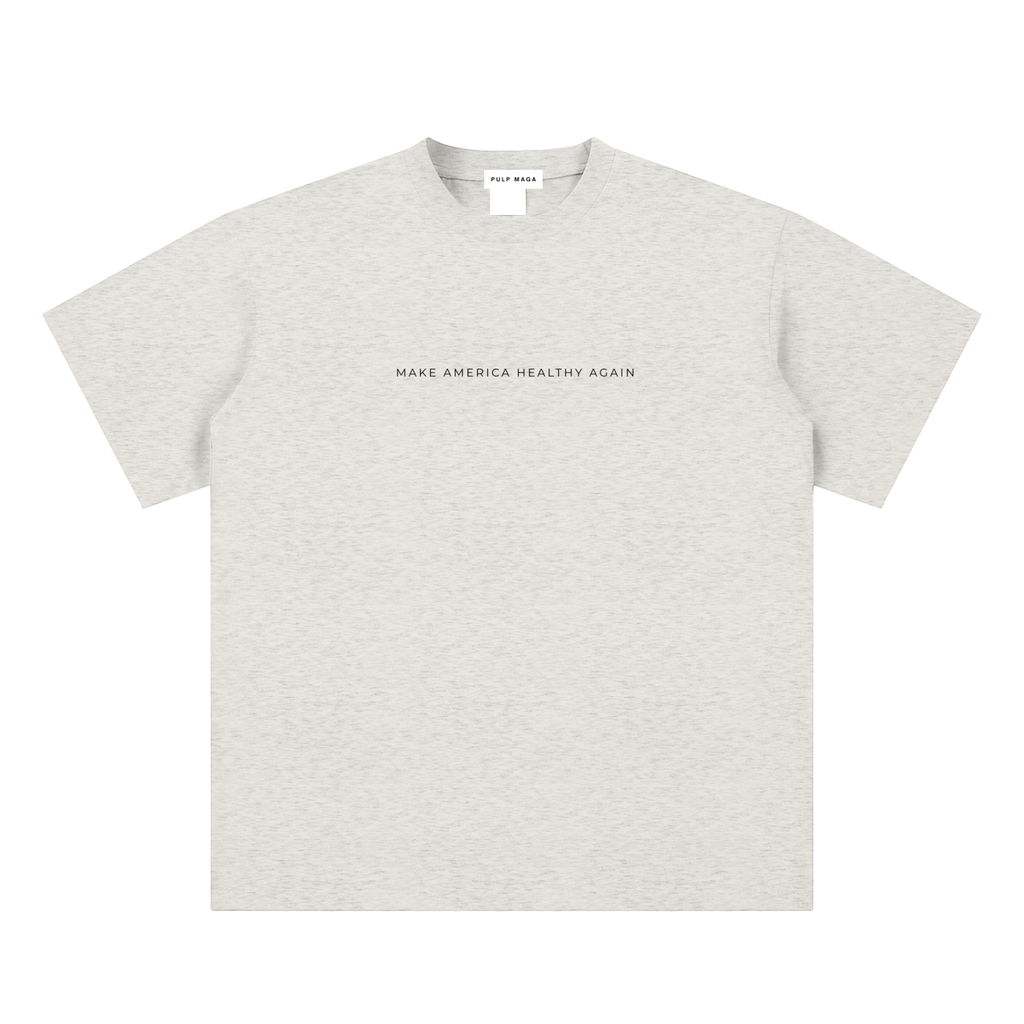 health freedom t-shirt front view in oat gray with Make America Healthy Again text on sueded cotton tee