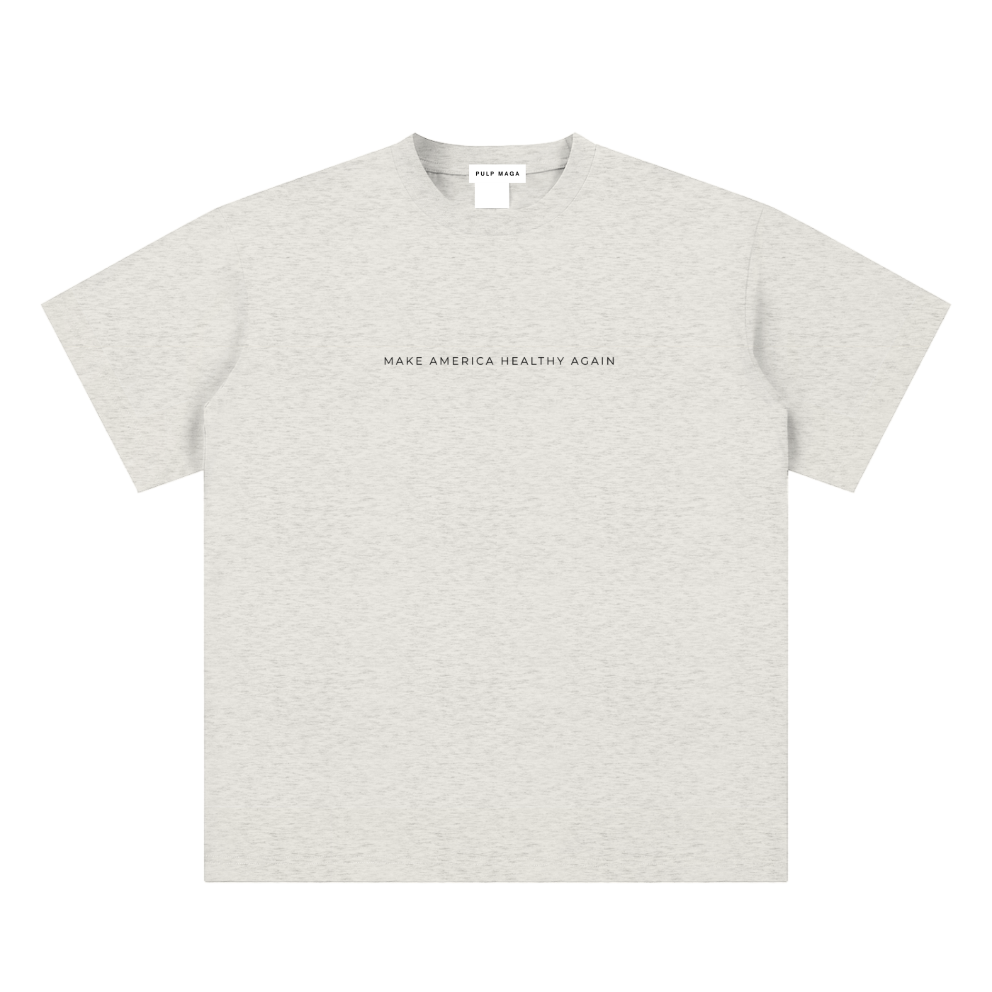 health freedom t-shirt front view in oat gray with Make America Healthy Again text on sueded cotton tee