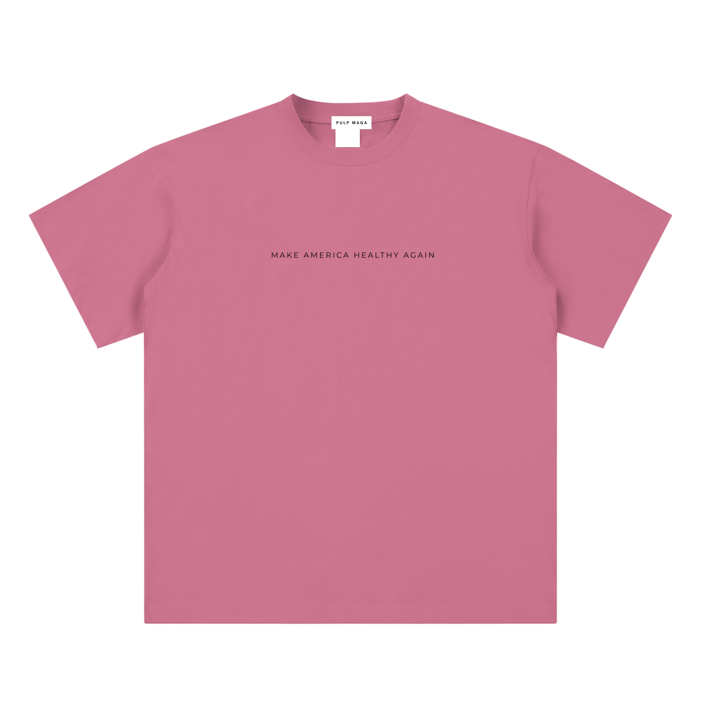 health freedom t-shirt front view in pink with Make America Healthy Again text on sueded cotton tee