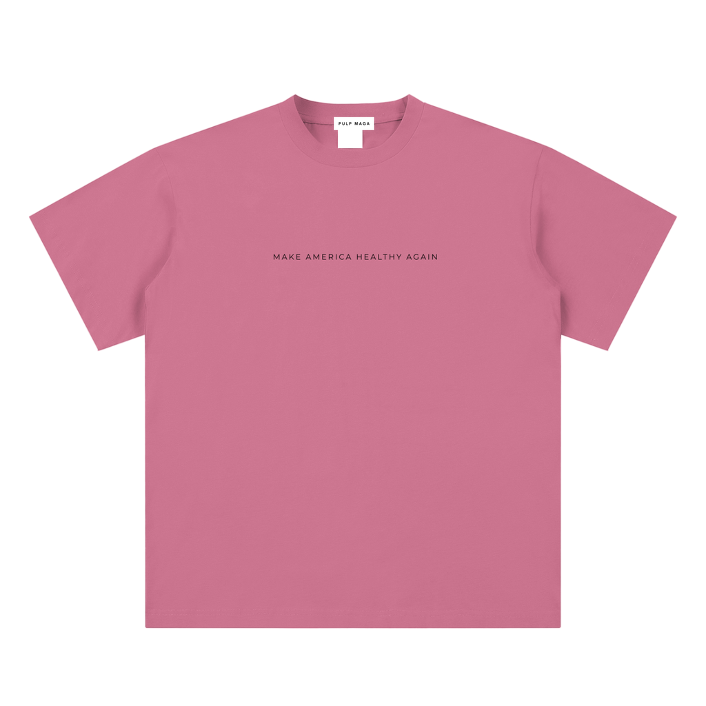 health freedom t-shirt front view in pink with Make America Healthy Again text on sueded cotton tee