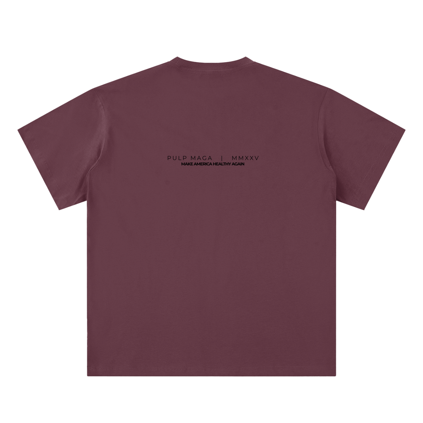 health freedom t-shirt back view in plum purple featuring PULP MAGA wordmark with MMXXV detail on sueded cotton