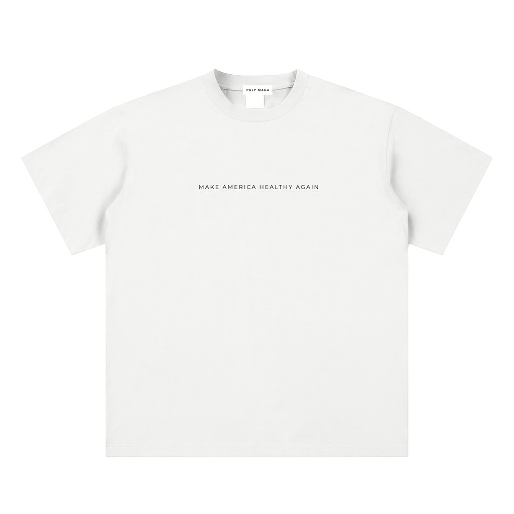 health freedom t-shirt front view in white with Make America Healthy Again text on sueded cotton tee
