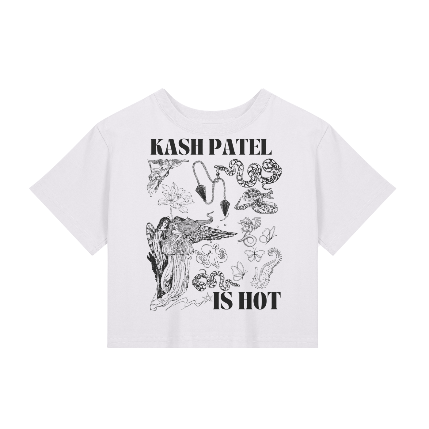 graphic white baby cropped t-shirt with 'kash patel is hot' and women illustrations