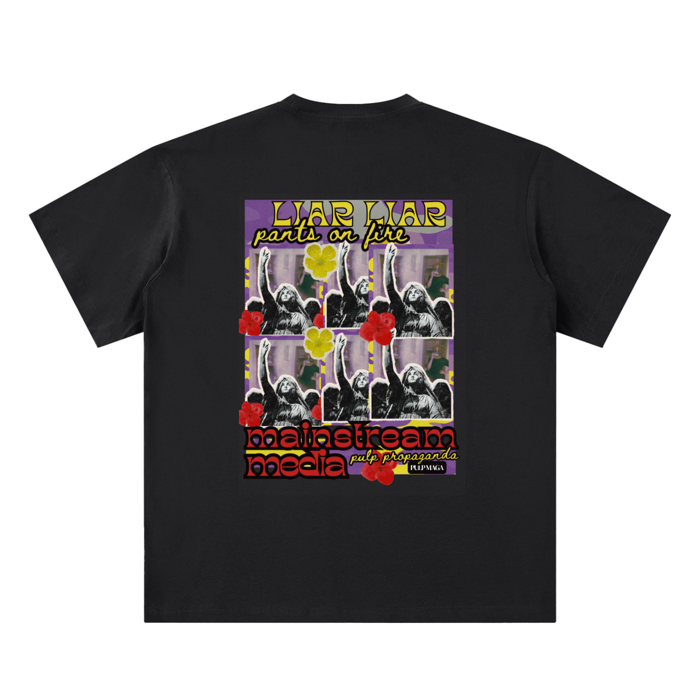 propaganda t-shirt back view in black featuring Legacy Lies back graphic on sueded cotton