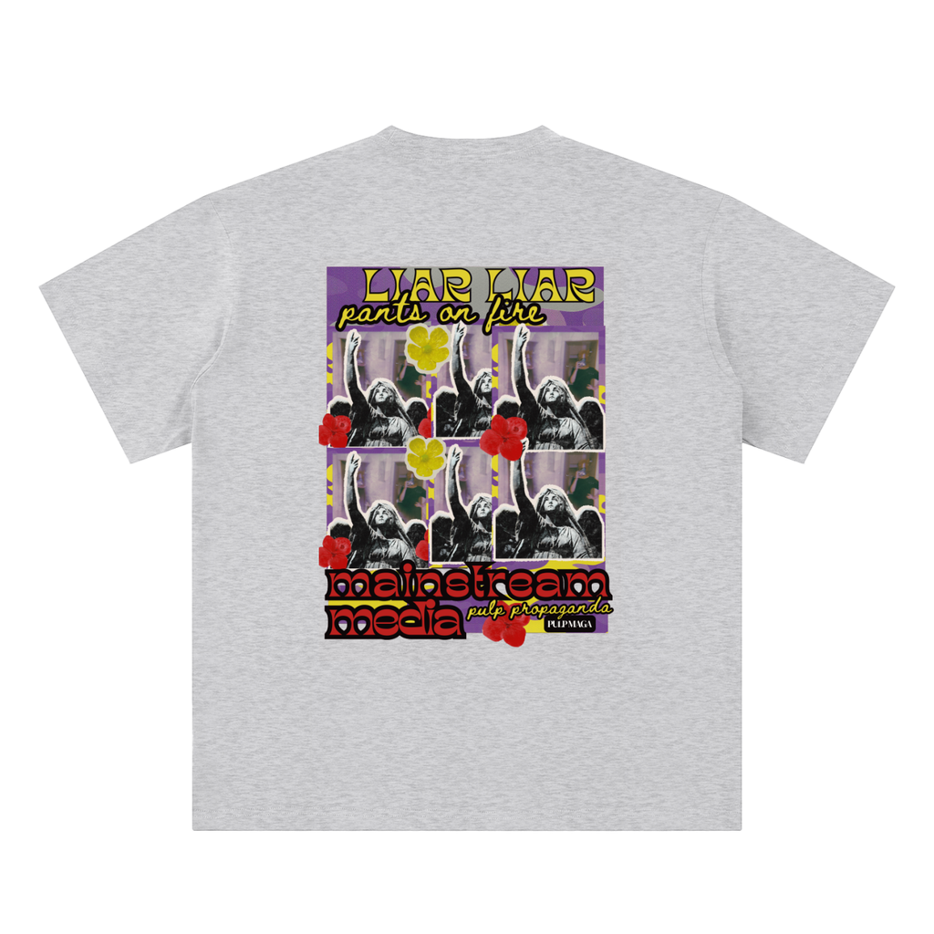 propaganda t-shirt back view in flower gray featuring Legacy Lies back graphic on sueded cotton