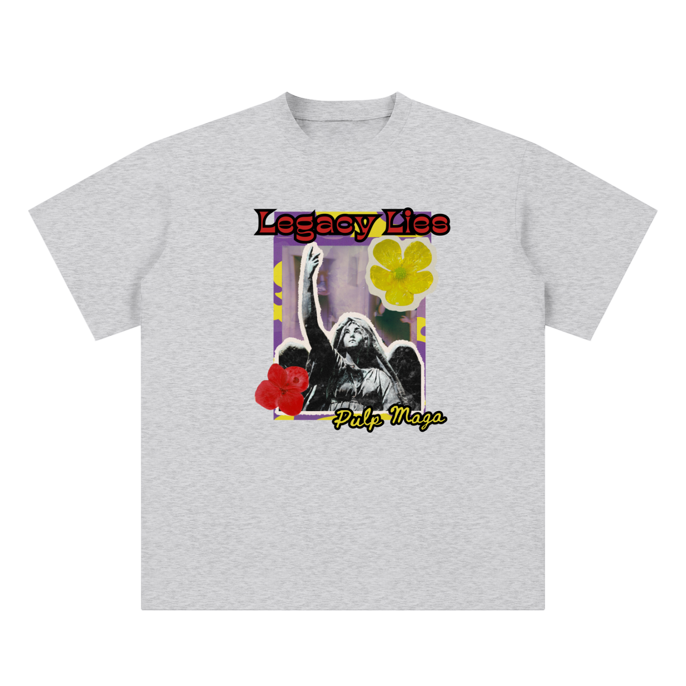 propaganda t-shirt front view in flower gray with Legacy Lies graphic on unisex sueded cotton tee